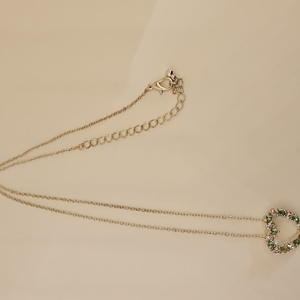 Heart Pendant Necklace Peridot Green & Clear Crystals Rhinestones Silver Tone